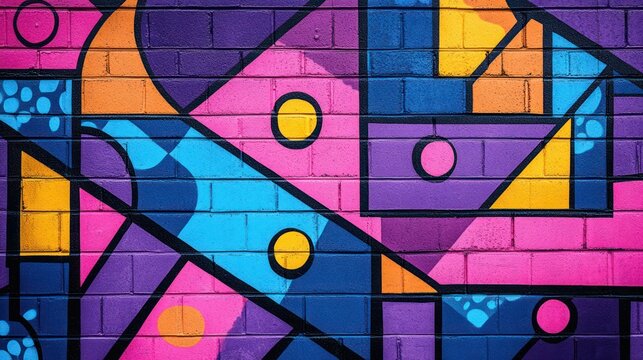 Colorful abstract mural on brick wall, urban art, vibrant background, possible use for posters or album covers
