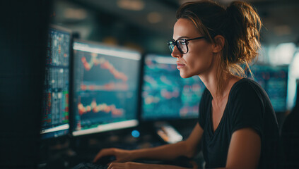 Professional woman analyzes stock market data in a busy trading environment at night