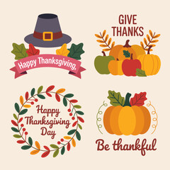 Happy Thanksgiving label set, rustic banner ribbon, seasonal vegetables arrangement, pumpkin squash corn, foliage wreath badges, clean vector