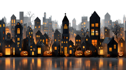 Halloween city skyline with pumpkin lantern windows glowing, isolated on white background