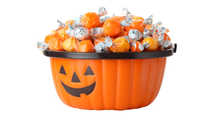 Pumpkin bucket packed with wrapped candies and glow sticks, isolated on white background