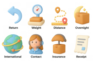 Cute 3d parcel delivery icons with shipping, contact, and internationa