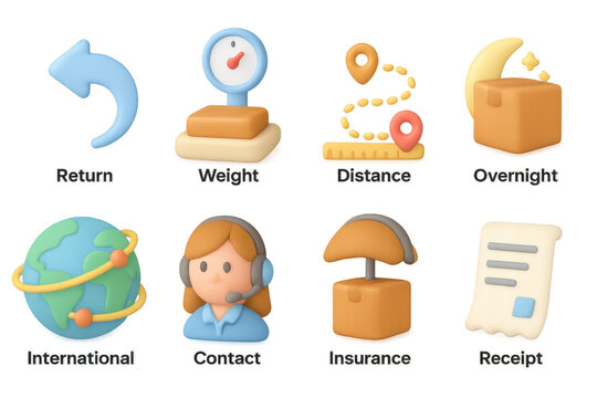 Cute 3d parcel delivery icons with shipping, contact, and internationa