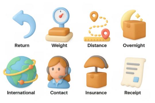 Cute 3d parcel delivery icons with shipping, contact, and internationa