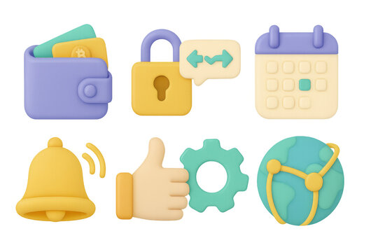 Colorful 3d icons set: wallet, lock, calendar, bell, like, gear, globe - Powered by Adobe