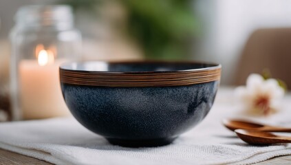 Dark blue bowl with light brown rim on a table