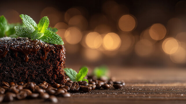 Chocolate cake with mint leaves and coffee beans on a wooden table surrounded by a warm light background