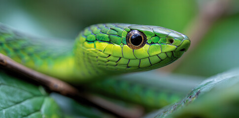 Obraz premium Colorful green snake resting on a branch surrounded by lush foliage in a tropical forest during the daytime