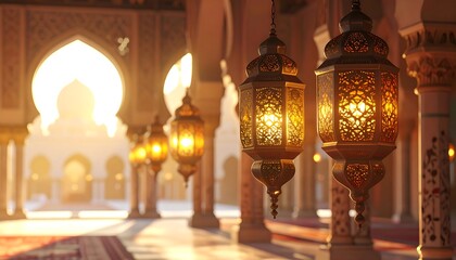 Glowing Ramadan Lanterns in a Beautiful Mosque Hallway.
