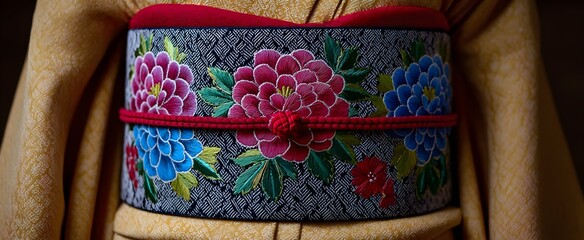 The traditional Japanese obi sash securing the kimono at the waist.