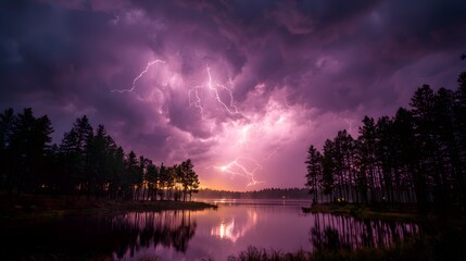 Thunderstorm lightning strike brightens a rainy pine forest near a dark shiny lake at dusk