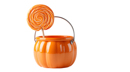 Pumpkin bucket with giant swirl lollipop sticking out, isolated on white background
