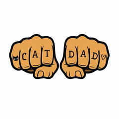 Tattooed fists spelling CAT DAD with black cat and heart icons &ndash; bold pet lover design
