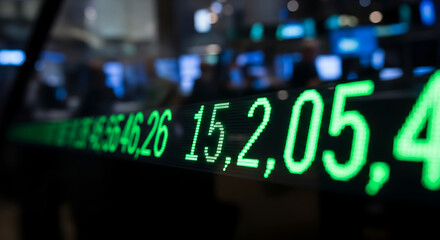 Stock market ticker tape display with glowing numbers. Displaying a live feed of financial data