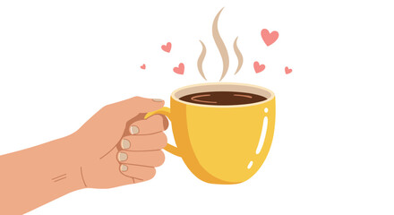 Coffee love: hand holding a yellow mug with hearts - flat vector illustration for morning design