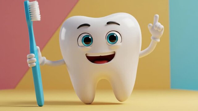 Tooth character holding toothbrush