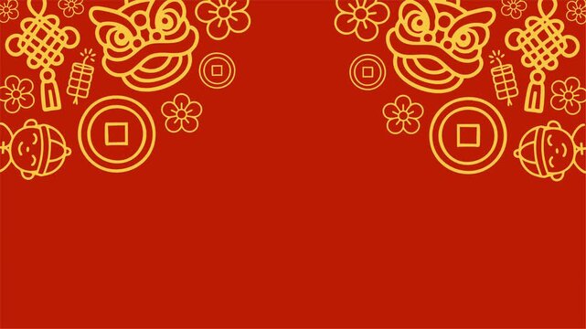 Red festive background with golden icons and celebration patterns