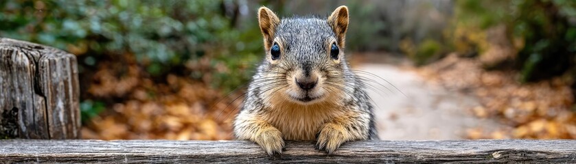Surprised squirrel cautiously peeks around corner concept. A close-up view of a curious squirrel in a natural setting.