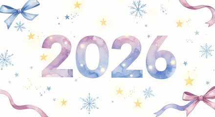 Watercolor illustration of 2026 with festive decorations and ribbons  