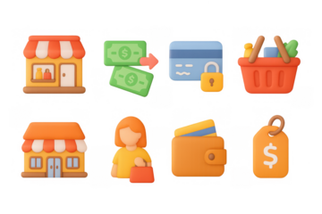 3d shopping icons: storefronts, currency, wallet, and price tag essent