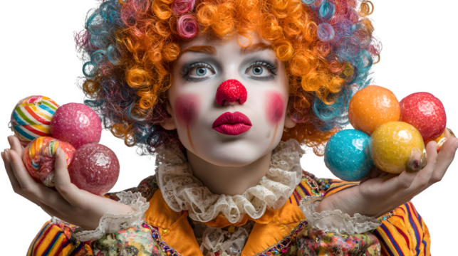 Pumpkin clown with red nose and colorful wig, juggling candy, isolated on white - Powered by Adobe