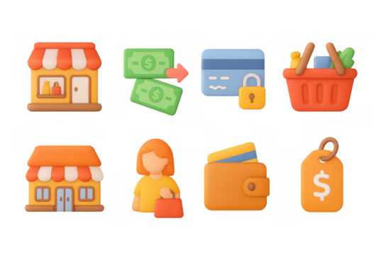 3d shopping icons: storefronts, currency, wallet, and price tag essent