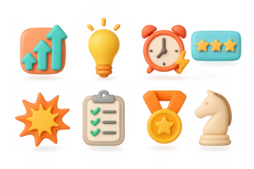 Colorful 3d emoji style icons featuring business and productivity symb