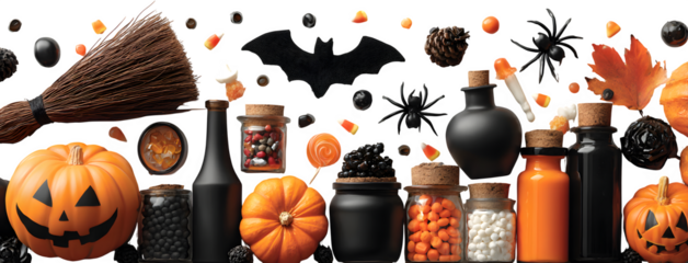 Halloween elements scattered composition witch broom, vampire fangs, magic potions, spiders, pumpkins, and candy bags, isolated on white