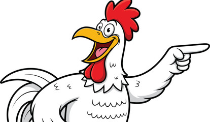 Funny cartoon rooster pointing, happy chicken mascot illustration, farm animal character design, poultry logo concept, cheerful bird drawing, comic style