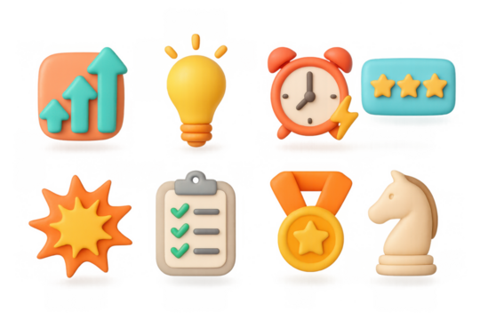 Colorful 3d emoji style icons featuring business and productivity symb