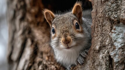 Obraz premium Surprised squirrel cautiously peeks around corner concept. Close-up of a curious squirrel peeking from a tree trunk.