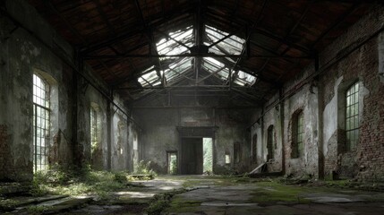 Empty Ruined Hall With Arched Windows Generative AI