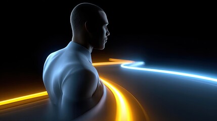 Inspirational coaching with guiding mentor concept. A contemplative figure illuminated by glowing light paths.