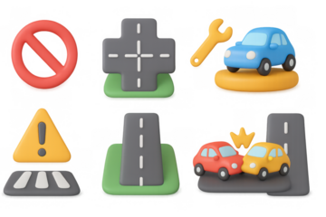 3d traffic icons: no entry, accident, caution, tools