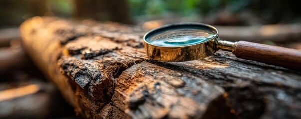 Utilizing magnification tool for wood hunting concept. A close-up of a magnifying glass resting on a log in a forest.