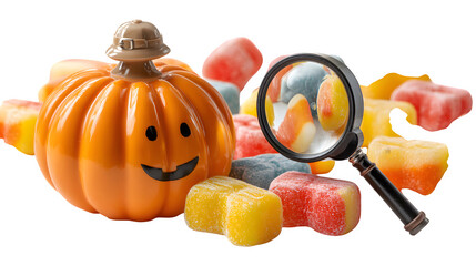 Pumpkin detective with magnifying glass, searching candy clues, isolated on white