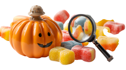 Pumpkin detective with magnifying glass, searching candy clues, isolated on white