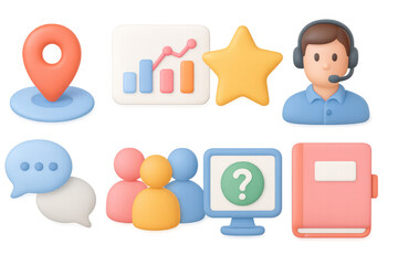 Colorful 3d icons of office and communication tools in pastel style