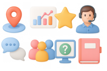 Colorful 3d icons of office and communication tools in pastel style