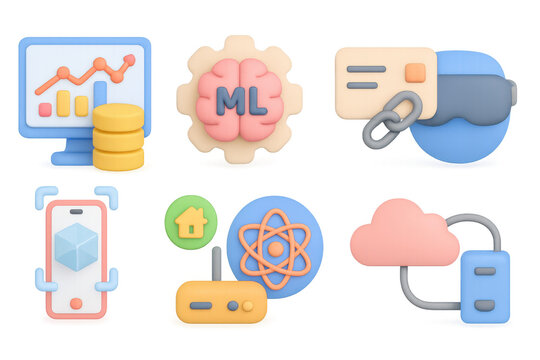 Colorful 3d isometric icons of technology and data concepts