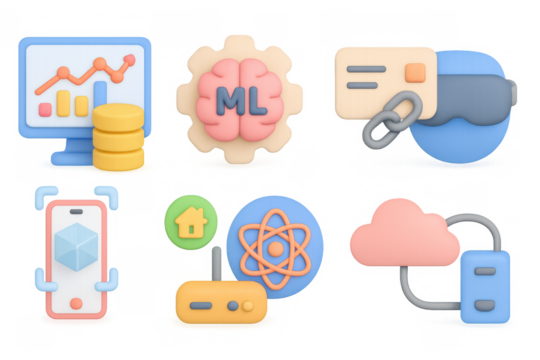 Colorful 3d isometric icons of technology and data concepts