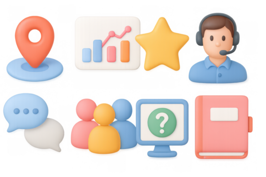 Colorful 3d icons of office and communication tools in pastel style