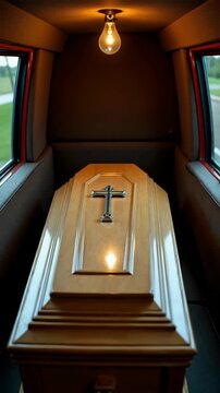 Wooden coffin with cross illuminated by light in hearse interior  