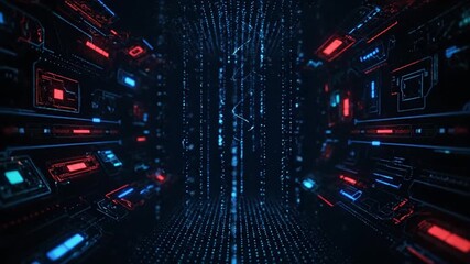 Futuristic digital tunnel with glowing red and blue circuit board elements and falling data streams in a dark abstract background - Powered by Adobe