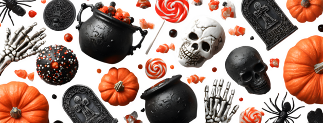 Halloween flat lay with carved pumpkins, skeleton hands, lollipops, cauldrons, spiderwebs, and gravestones, isolated on white