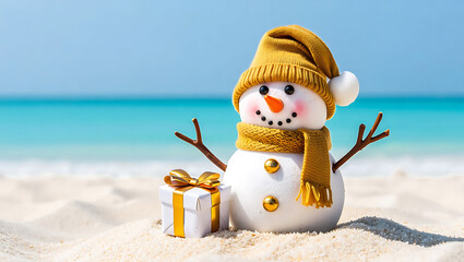 Tropical Christmas Snowman enjoying sunny beach vacation with turquoise sea and gift bringing holiday cheer and unexpected winter wonderland escape