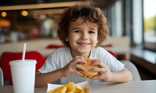 a smiling funny little boy eating hamburger with ketchup on his mouth in a fast food restaurant and he have drink and chips on the table