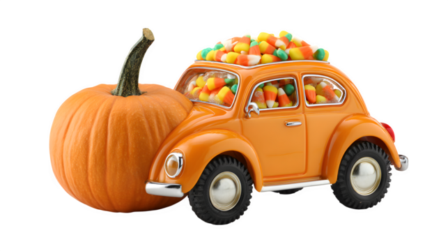 Pumpkin driving a small toy car filled with candy corn passengers, isolated on white