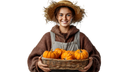 Pumpkin farmer holding basket of candy apples, isolated on white