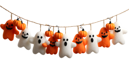 Halloween garland of alternating ghosts and pumpkins, isolated on white background